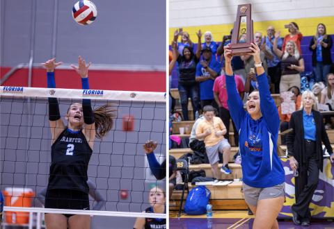 Branford setter/middle blocker Mylie Fernandez (left) was voted the Florida Dairy Farmers Class Rural Volleyball Player of the Year and head coach Lachelle Sikes (right) was voted the Rural Coach of the Year. (JACK HOWDESHELL/Lake City Reporter)