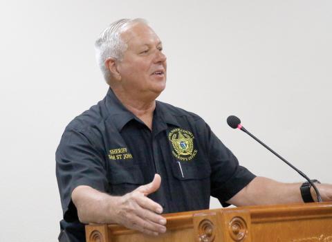 Suwannee County Sheriff Sam St. John address the County Commission in April over operations at the Emergency Operations Center, which resulted in an independent audit performed on the department. (FILE)