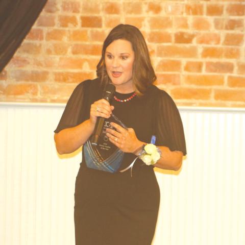 Westside Elementary School’s Shelly Teel speaks to the crowd after winning the Columbia County Teacher of the Year award last year. (FILE)
