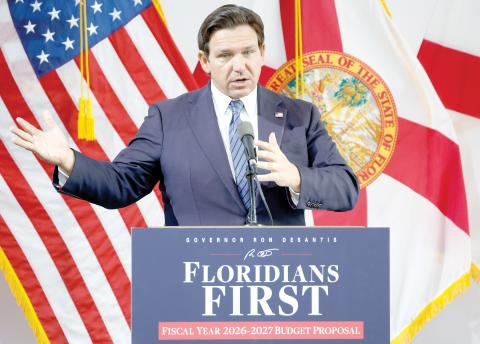 Florida Gov. Ron DeSantis discusses the state’s 2026–27 budget proposal during a news conference at the Dr. Phillips Center for the Performing Arts in Orlando on Wednesday. (RICH POPE/Orlando Sentinel/TNS)