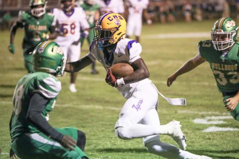 Columbia receiver Kyren Caldwell cuts upfield after a catch against Suwannee on Aug. 22. (BRENT KUYKENDALL/Lake City Reporter)