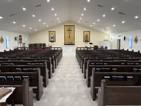 The renovated San Juan de la Cruz Catholic Mission in Branford reopened Sunday with a dedication Mass. The church had been closed since April 2023 for renovations. (COURTESY)
