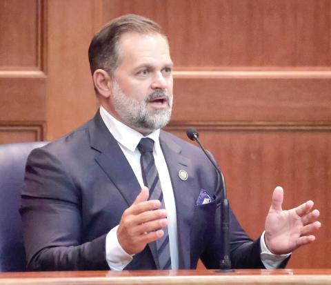 U.S. Rep. Cory Mills talks during a hearing at the Columbia County Courthouse in September. Mills was hit with a restraining order in October to stay away from Lindsey Langston. (Joe Burbank/Orlando Sentinel)