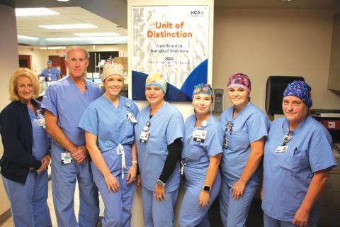 The surgical team who performed the first vascular surgery at HCA Florida Lake City Hospital. Left to Right: Cheryl Beckman, Dr. Elmer Croushore, Morgan Lawson, Sonia Sanchez, Jacquelyn Feagin, Taylor Fraley and Kathryn Bower. (COURTESY)