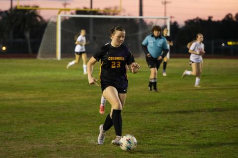 Sydney Agner dribbles up the field against Santa Fe on Jan. 6. (BRENT KUYKENDALL/Lake City Reporter)