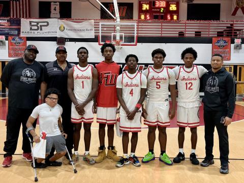 Fort White honored seniors Jayden Jackson (1), Desean Lally (red shirt), Jhailynd Cooper (4), Darion Brinson (5) and Jonathan Bessent (12) for Senior Night prior to Tuesday's win over Bronson. (COURTESY)