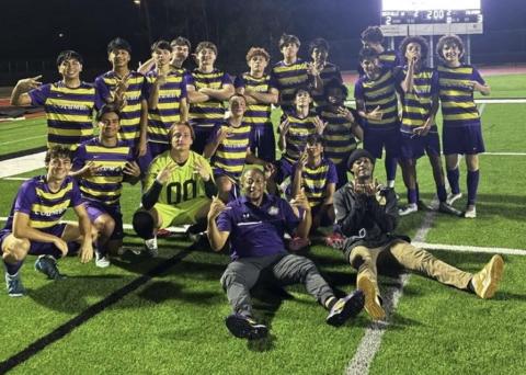 Columbia’s boys soccer team celebrates after upsetting nationally-ranked Niceville 3-2 on Saturday at the South Walton Showdown. (COURTESY)