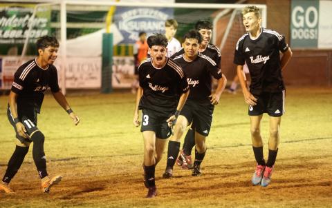 Suwannee's Rember Alonso celebrates with teammates after scoring a goal against Williston on Nov. 21, 2025. (PAUL BUCHANAN/Lake City Reporter)