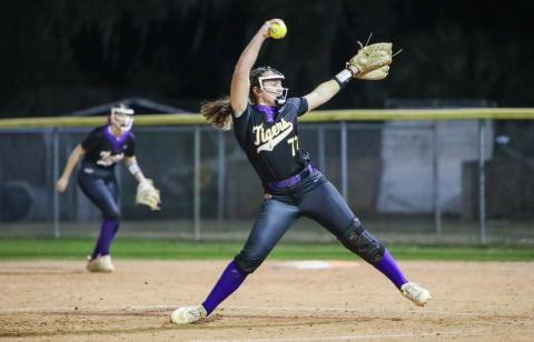 Columbia pitcher Ryleigh Stone winds up to pitch against Williston on Friday. (BRENT KUYKENDALL/Lake City Reporter)