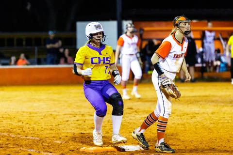 Columbia pitcher Ryleigh Stone reaches first base after hitting a single against Trenton with two outs in the seventh inning Tuesday night. Stone was ultimately left stranded on second base as CHS fell to THS 4-1. (JACK HOWDESHELL/Lake City Reporter)
