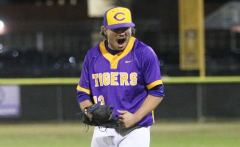 Columbia pitcher Kyler Keen celebrates after striking out the side against Buchholz in the second inning on Friday. (JORDAN KROEGER/Lake City Reporter)