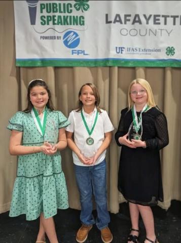 The winners in the Lafayette County 4-H speech contest were Emilee Elizabeth Jackson (from left), Keelan Lamb and Karoline Beach. (COURTESY LAFAYETTE COUNTY EXTENSION)