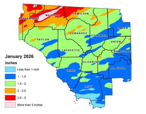 Most of the counties within the Suwannee River Water Management District received between 1 and 2 inches of rain in January, below the historical average and adding to the existing drought conditions for North Florida. (SUWANNEE RIVER WATER MANAGEMENT DISTRICT)