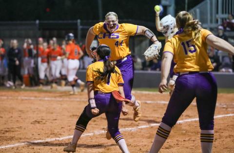 Columbia pitcher Josie Raulerson (44) celebrates with teammates after finishing off a 3-2 win over Trenton with a strikeout on Thursday. (BRENT KUYKENDALL/Lake City Reporter)
