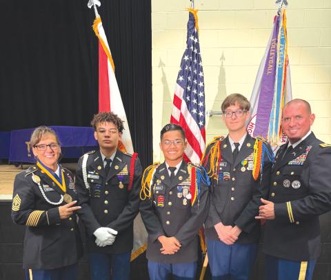 New leadership for the 2026-27 school year for the Columbia High School JROTC will be 1st. Sgt. Treena Dettmer, (from left), incoming Cadet/Lt. Col. Romeo Carter, Cadet/Command Sgt. Major Alberto Basalo, Cadet/Major Elijah Deese and Lt. Col. Austin Akers. (COURTESY)