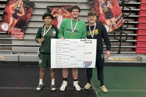 Suwannee wrestlers Rylan Milian (from left), Holden Corbin and Landon Slater qualified for state after reaching the medal stand at the Region 1-1A meet on Saturday. (COURTESY)