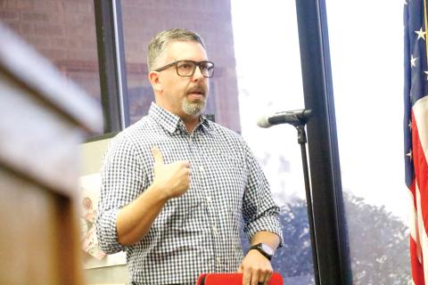 Thomas Anderson, the president of the Professional Firefighters of Live Oak Local 2481, speaks to the Live Oak City Council about the benefits of moving to a 48-on, 96-off schedule for firefighters. (JAMIE WACHTER/Lake City Reporter)