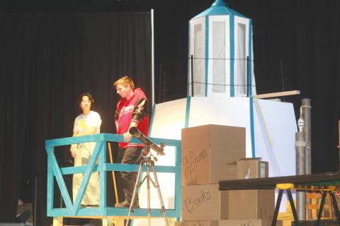  Megumi Boutwell (left) and Casey Dettman practice lines during a scene at a lighthouse for the Fort White High School production of Mystic Pizza. (TONY BRITT/Lake City Reporter)