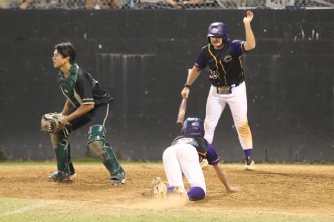 Columbia designated hitter Kyler Keen yells at courtesy runner Nolan Martin to slide as he scores during the Tigers' 10-run sixth inning against Fleming Island on Friday. (JORDAN KROEGER/Lake City Reporter)