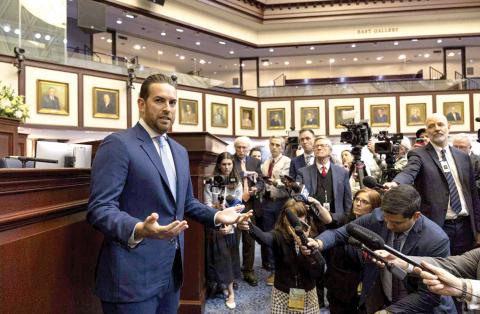 Florida House Speaker Daniel Perez speaks to the media during the first day of the legislative session at the Florida State Capitol on Jan. 13 in Tallahassee. (MATIAS J. OCNER/Miami Herald)