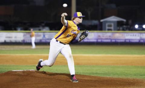 Columbia pitcher Nolan Slaymaker unloads a pitch against Newberry on March 3. (BRENT KUYKENDALL/Lake City Reporter)