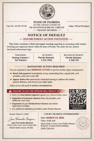 An example of a recent scam targeting individuals claiming to come from county courts regarding outstanding traffic and toll violations. The Florida Department of Highway Safety and Motor Vehicles reminds residents that official government agencies do not request payment through QR codes, third-party links or unverified online platforms. (COURTESY)