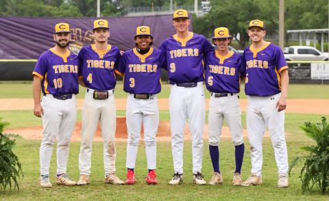 Columbia seniors Casen Maddox (from left), Colton Mote, Abraham Martinez, Tison McCray, Nolan Martin and Case Bennett were honored for Senior Night prior to Monday's win over Keystone Heights. (BRENT KUYKENDALL/Lake City Reporter)