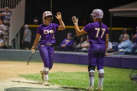Columbia shortstop Alannah Lord (left) high fives Ryleigh Stone after scoring a run against Buchholz on Tuesday. (BRENT KUYKENDALL/Lake City Reporter)