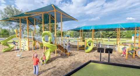 A rendering shows the potential design and layout of future playground equipment at Youngs Park. The Lake City Council discussed the possibility of new equipment at Monday’s city council meeting. (COURTESY)