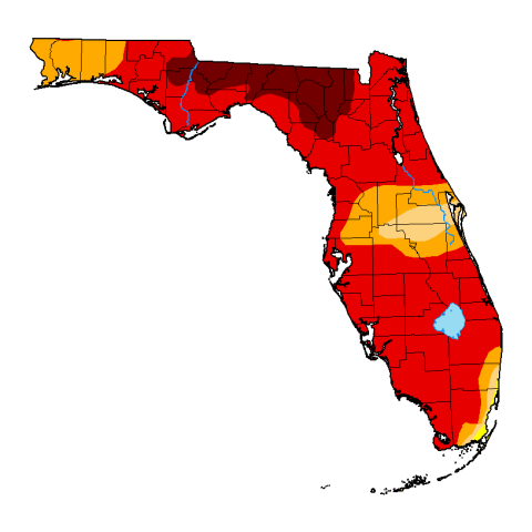The U.S. Drought Monitor map released Thursday shows all of the Suwannee River Valley to be experiencing exceptional drought, the most intense level of drought. (U.S. DROUGHT MONITOR)