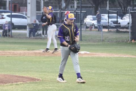 Columbia pitcher Kyler Keen celebrates as first baseman Nolan Slaymaker makes the catch at first base for the final out of the Tigers' 3-2 win over Santa Fe on Thursday. (JORDAN KROEGER/Lake City Reporter)