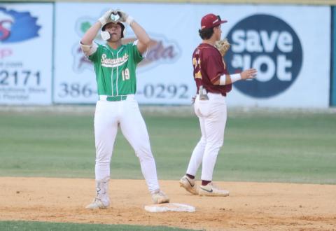 Suwannee pitcher Grayson Greene celebrates at second base after hitting an RBI double against West Nassau during a nine-run second inning in the Region 1-3A quarterfinals on Saturday. (PAUL BUCHANAN/Lake City Reporter)