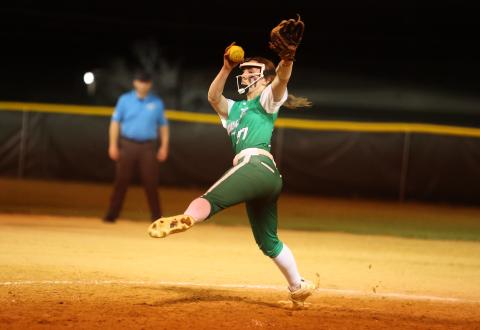 Suwannee pitcher Emalyn Watley unloads a pitch against Branford on March 9. (PAUL BUCHANAN/Lake City Reporter)