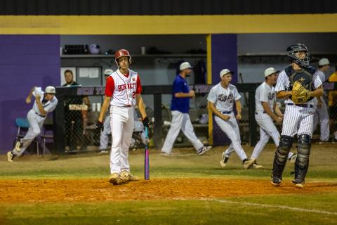 Lafayette's Kagan Hewett goes down on a called third strike to end the game as Union County celebrates in the District 6-R championship on Thursday. (JACK HOWDESHELL/Lake City Reporter)