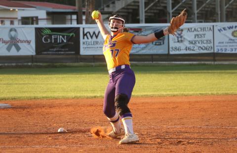 Columbia pitcher Ryleigh Stone winds up to pitch against Santa Fe on Thursday. (MORGAN MCMULLEN/Lake City Reporter)