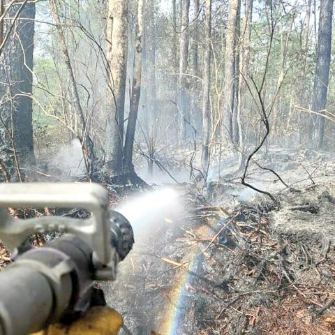 Firefighters utilize water to help extinguish heat within the root system of trees and the duff layer on the Sargent fire in order to reduce risk of rekindle and help fully contain the fire. The wildfire, which began in Baker County on Thursday and has spread to northeastern Columbia County is 50% contained. (COURTESY FLORIDA FOREST SERVICE)