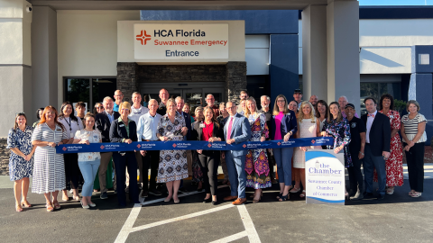 HCA Healthcare leadership is joined with Suwannee County Chamber of Commerce and local elected officials for a ribbon cutting ceremony to celebrate the new state-of-the-art CT scanner at HCA Florida Suwannee Emergency. (COURTESY)