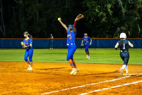 Branford first baseman Mallory Blue celebrates after making the final out that secured a 9-3 win over Union County in the Region 3-R semifinals on Thursday. (JACK HOWDESHELL/Lake City Reporter)