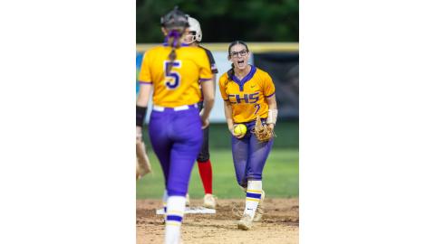 Columbia shortstop Alannah Lord (2) celebrates after recording an out against Baker County during the Region 1-4A championship on May 14. The Tigers won 6-2 to advance to the Class 4A Final Four. (JACK HOWDESHELL/Lake City Reporter)