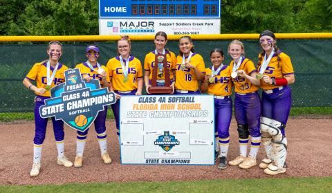 Columbia seniors Addyson Sherman (from left), Luisa Taylor, Raelyn Wehinger, Ava Christie, Lauryn Lee, Amani Tunsil, Anna Dansby and Emily Delgado wrapped up their careers with a state championship on Saturday. (JACK HOWDESHELL/Lake City Reporter)