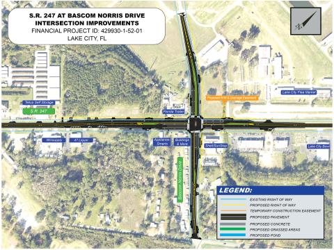 A map outlines the proposed improvements to the intersection of State Road 247 and Bascom Norris Drive, which includes additional turn lanes to hopefully alleviate traffic. The project is scheduled to begin next summer and wrap up in 2029. (COURTESY)