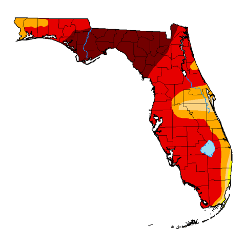 The U.S. Drought Monitor map released last week still shows Suwannee County in exceptional drought, the highest intensity level of droughts. (COURTESY)
