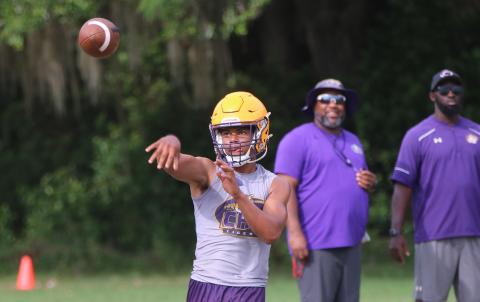 Columbia quarterback Kaleb Williams throws a pass during Monday’s practice. (JORDAN KROEGER/Lake City Reporter)