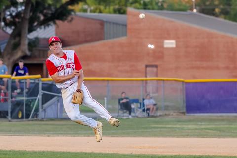 Lafayette shortstop Trevor Byrd makes a throw to first base against Union County during the District 6-R championship on April 16. (JACK HOWDESHELL/Lake City Reporter)