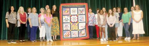 The Columbia County School District’s quilt in honor of the country’s semiquincentennial was a collaborative effort between students and teachers at all 12 schools in the district, the Lady of the Lake Quilt Guild and the Which Old Stitch store. (TONY BRITT/Lake City Reporter)