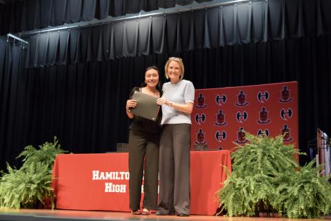 Hamilton County High’s Evelyn Cazarez receiveda North Florida College Presidential Scholarship, which covers full tuition and fees, from NFC President Jennifer Page. (COURTESY NORTH FLORIDA COLLEGE)