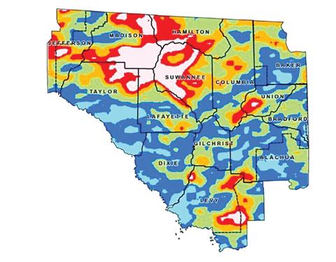 Parts of Suwannee, Hamilton and Lafayette counties, as well as Jefferson, Levy, Madison, Taylor and Union counties, received more than seven inches of rain in June. Still, the month was drier than normal across the Suwannee River Water Management District. (COURTESY SUWANNEE RIVER WATER MANAGEMENT DISTRICT)