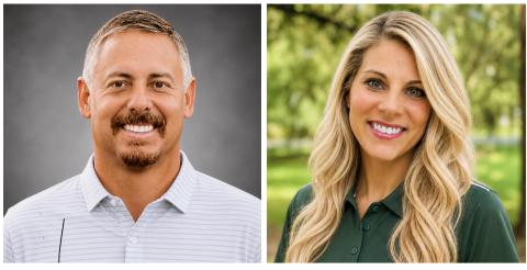 C.J. Proveax (left) has been hired as the men’s golf coach at Florida Gateway College, while Laura Kinsel (right) has been chosen to lead the women’s volleyball team. (COURTESY)