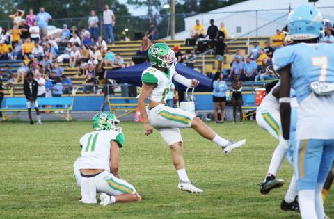 Suwannee kicker Jace Moran knocks through an extra point in 2023. (FILE)