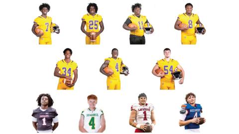 TOP ROW: Columbia WR Kyren Caldwell, Columbia RB Jerome Horne, Columbia DT Jaden McCray, Columbia DT Jaylen Underwood; MIDDLE ROW: Columbia DE Mikel Morgan, Columbia LB Alfonso Curry and Columbia RT Xander Satterfield; BOTTOM ROW: Fort White RB John’l Lawson, Suwannee LB Kyler Hall, Lafayette RB/LB Trevor Byrd and Branford QB Trent Land. (Columbia photos by Jen Chasteen; Fort White photo by Bailey Jones; Suwannee photo by Tammy Johns; Lafayette and Branford photos by Jack Howdeshell)